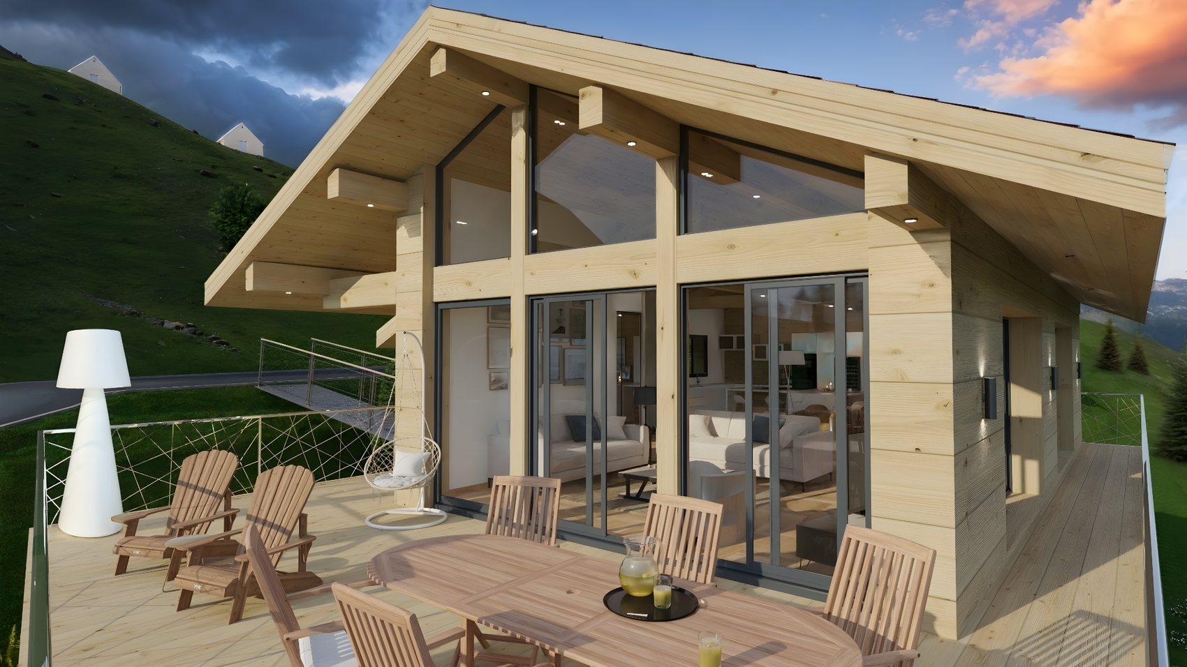 Visualisation 3D d’une maison bois type chalet avec terrasse