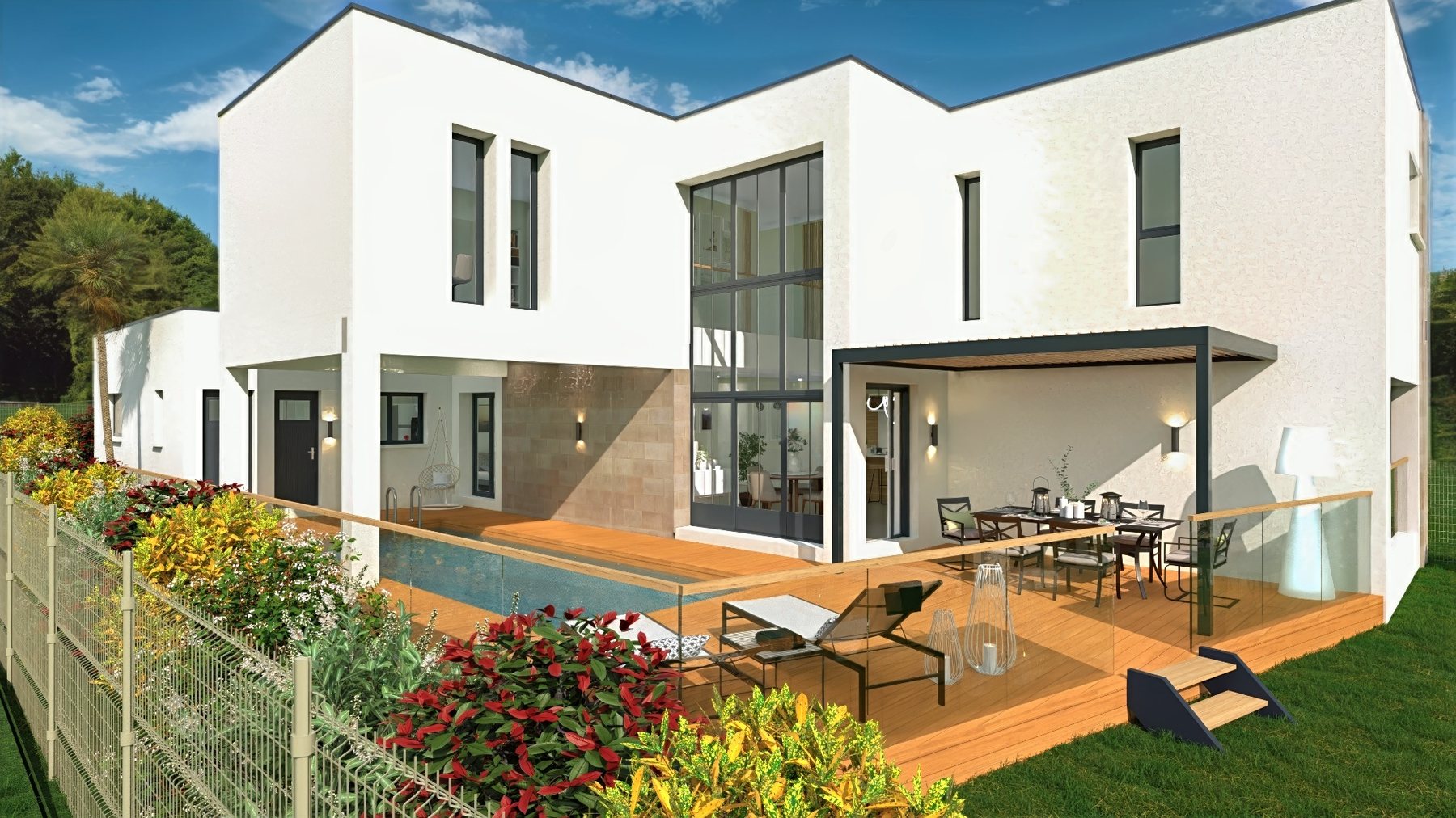 Maison contemporaine avec terrasse et piscine en rendu 3D de jour