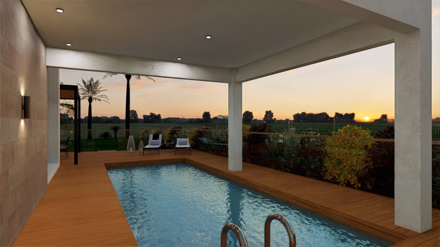 Visuel 3D de terrasse avec piscine en ambiance crépuscule