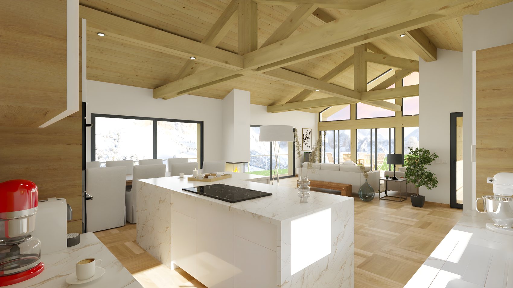 Visuel 3D d’une cuisine dans un chalet bois avec charpente apparente