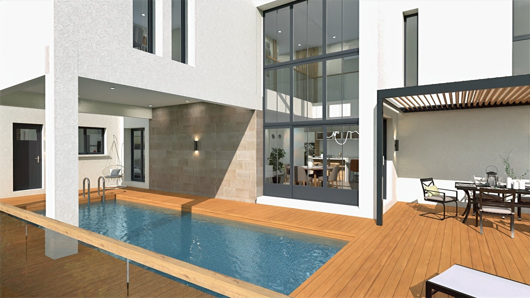 Visuel 3D de maison avec terrasse, piscine et aménagement extérieur